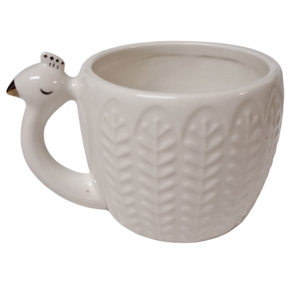 Opalhouse White Peacock‎ Stoneware Mug 3D Figural Handle Textured Gold Accents